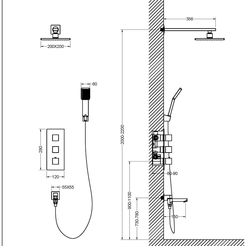Душевая система встроенная с термостатом Timo Tetra-thermo SX-0199/03SM черный