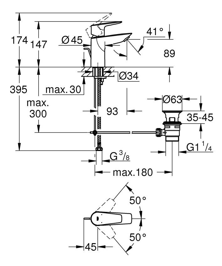 Смеситель для раковины Grohe BauEdge 23328001 с ограничителем температуры и рычажным донным клапаном, размер S, хром изображение