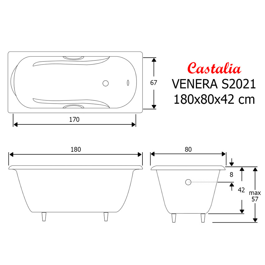 Ванна чугунная Castalia Venera S2021 180 с ручками