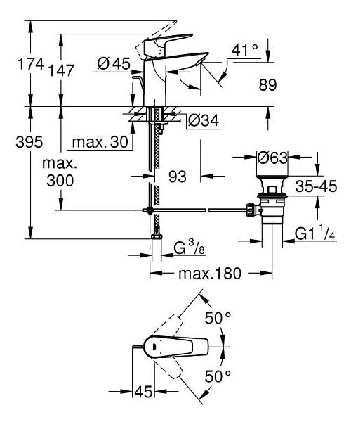 Смеситель для раковины Grohe BauEdge 23328001 с ограничителем температуры и рычажным донным клапаном, размер S, хром изображение