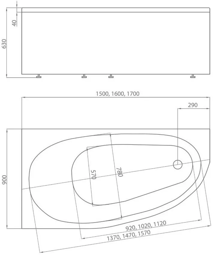 Ванна акриловая Aquatek Дива 170x90 DIV170-0000013 правая, с фронтальным экраном, без сливного гарнитура, вклеенный каркас изображение