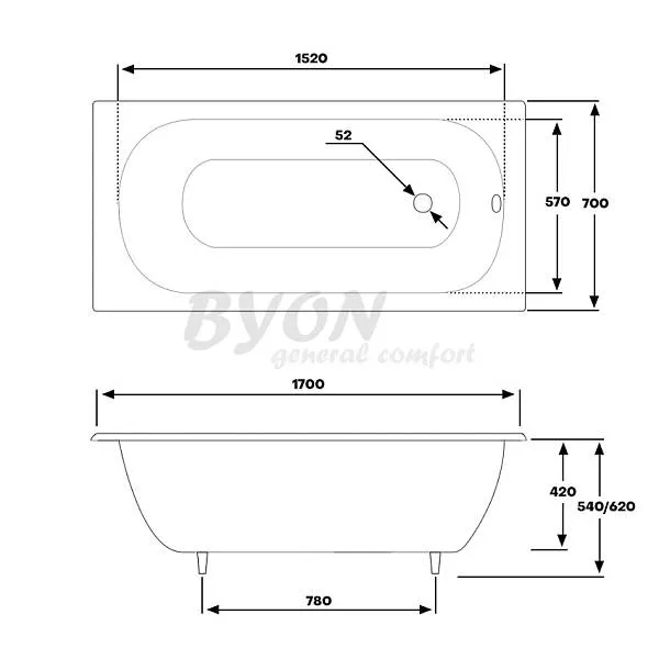 Чугунная ванна byon b13 170x70 v0000220 с антискользящим покрытием