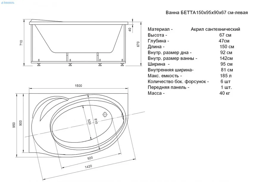 Ванна акриловая Aquatek Бетта 150х95 BET150-0000009 с гидромассажем Standard (пневмоуправление), с фронтальным экраном изображение
