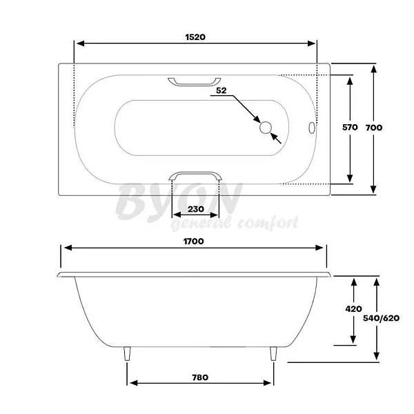 Ванна чугунная Byon B13 170x70x42 с ручками изображение